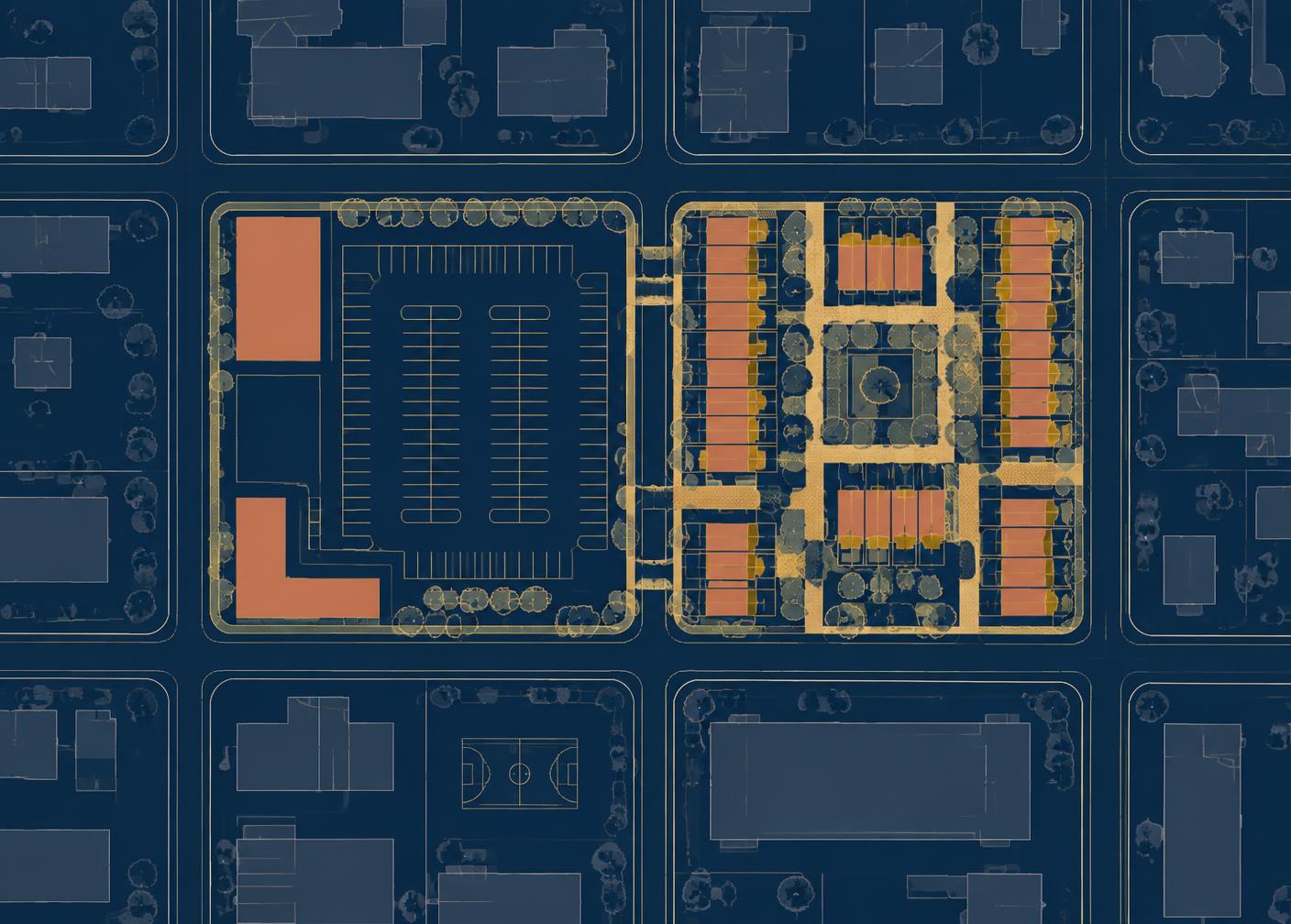 Plan drawing of a strip-mall parking lot redrawn as rows of small homes around a courtyard